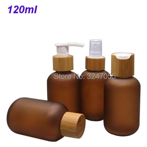 120ML Cosmetic Mist Spray Plastic Brown Bottle, Empty Lotion Pump Package, Frosted Amber Plastic Bottle with Bamboo Pressed Cap