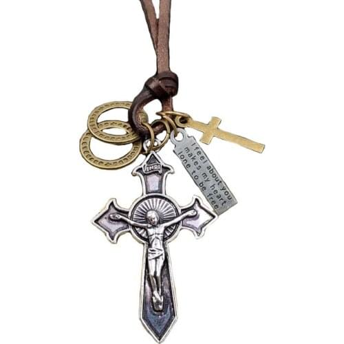 Antique Cowhide rope necklace Genuine Punk Leather Religion Jesus Bronze Cross Loop Letter Tag Mens Birthday Gift AC033-042