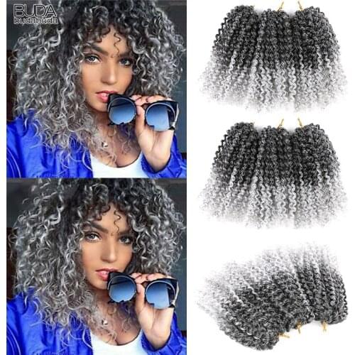 Budabuda Marly Bob 8Inch Synthetic Crochet Braids Curls Hair Extensions For Black Women Afro Kinky Curly Ombre Red Grey 90g/Pc