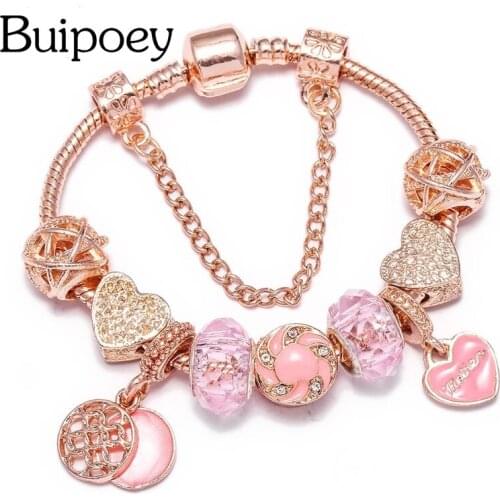 Buipoey Rose Gold Snake Bone Chain Bracelet Mother Heart Pendant Charm Bracelets Pink Crystal Bead Bangles Popular Jewelry Gift