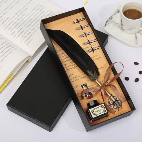 European And American Creative Craft Feather Pen New Metal Pen + Tube + Ink Set Gift Box High Quality Feather Pen Stationery Set