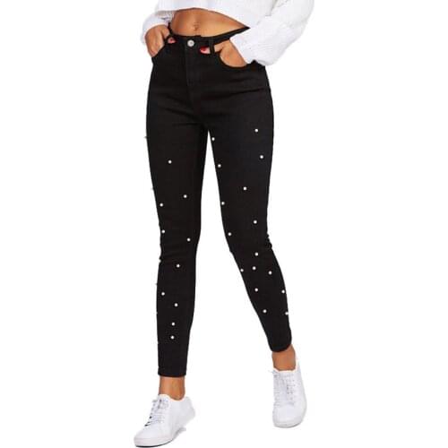 JYConline Women Jeans Pants Skinny Pearl Beaded Front Jeans Summer Spring High Waist Zipper Fly Long Denim Casual Pants