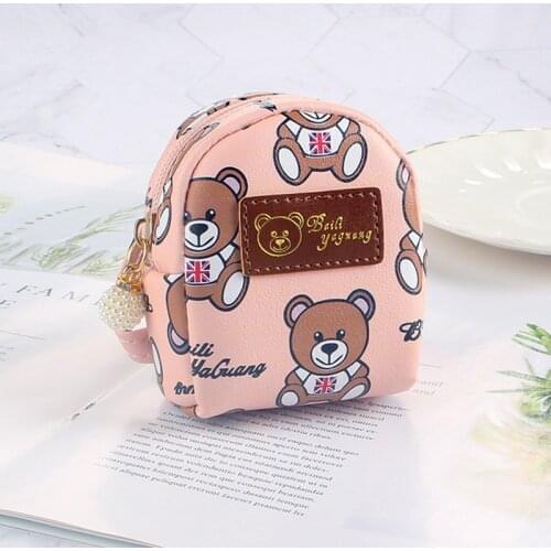 FUDEAM High Quality Leather Bear Cartoon Coin Purse Mini Cute Key Chain Oval Zipper Coin Wallet Lipstick USB Cable Headset Bag