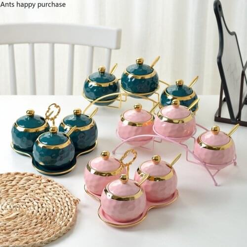 Nordic Ceramics Spice Jar Three-piece Set Pink Green Seasoning Box Set with Tray Metal Rack Home Use Spice Container Combination