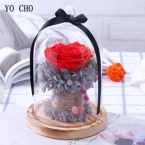 YO CHO Real Rose Flower Immortal Preserved Flower Glass Flask Wooden Base Romantic Gift For Lovers Birthday Gift Home Room Decor