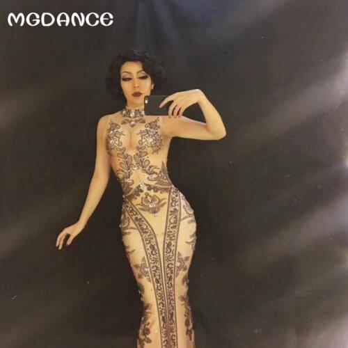 New Long Black Flower Sparkling Crystals Women Dressy Nightclub Party Bling Women Dj Outfit Birthday Celebrate Clothing