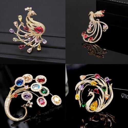 OKILY Luxurio Colorful AAA Cubic Zirconia Phoenix Brooches Pins Shinning Peacock Brooch for Woman Delicate Scarves Accessories