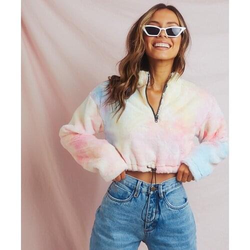 Autumn Winter Original Tie Dyed Women New 2020 Navel Exposed Suit Long Sleeve Plush Casual Short Tops Pink Fur Pullover Sport