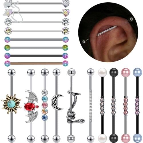 ZS 1 PC Bat Snake Shape Stainless Steel Long Industrial Piercing For Women Men 14g CZ Crystal Ear Helix Piercings Jewelry 38MM