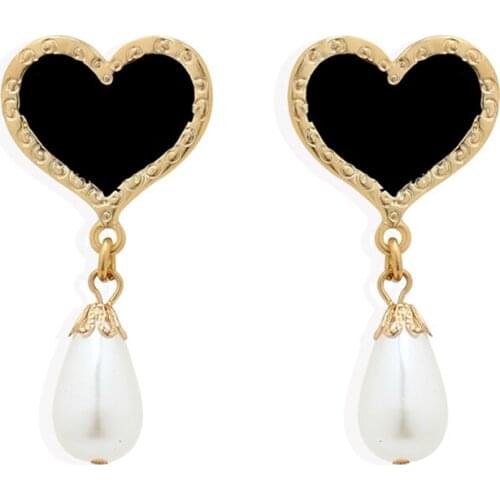 Gold Plated Black Heart Simulated Pearl Drop Earrings for Women Fashion Vintage Wedding Statement Dangle Earring Indian Jewelry