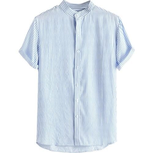 2021 New Cotton Linen Shirt Breathable Short Sleeve Mens Shirts Summer Striped Slim Fit Stand Collar Shirt Male Clothes