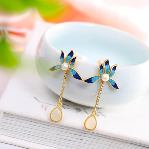 S925 Sterling Silver Gold Plated Retro Ethnic Palace Style Flower Womens Burnt Blue Natural Hetian Jade Pearl Earrings