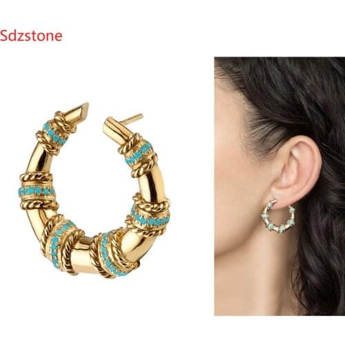 Yellow gold color with blue cz Stud Earrings Crescent Moon High Polish Tarnish Resistant Earrings