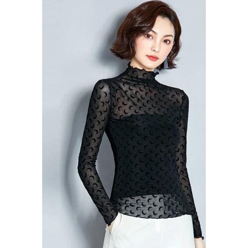 Mesh Turtleneck Blouse Korean Fashion Blouses Woman 2020 Shirt Female Slim Women Shirts Long Sleeve Womens Tops Plus Size