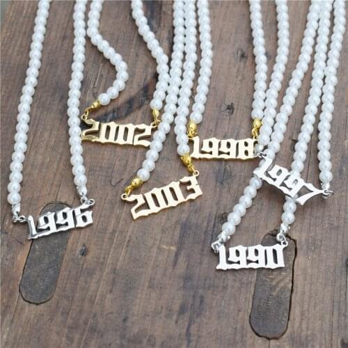 Gothic Old English Number Necklaces Imitation Pearl Necklaces Choker Chain Birth Year Necklace Collier Femme Minimalist Jewelry