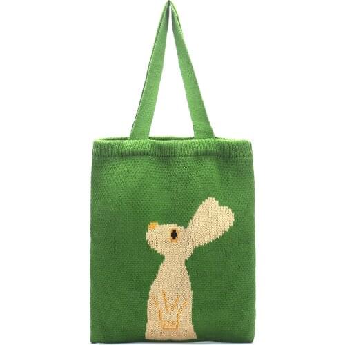 Women Cute Anime Pattern Woolen Tote Bag Female Knitting High Street Daily Soft Open Green Shopping Shopper Top-handle Bag