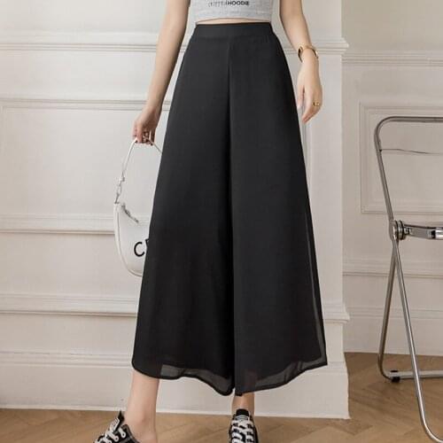 Korean High Waist Womens Chiffon Culottes Pants 2021 Summer Wide Leg Pants Casual Loose Culottes Pants For Female Trousers