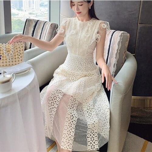 WTIANYUW Womens Fashion Lace Dress New 2021 Summer O-Neck Petal Sleeve White Dress Vintage Elegant Banquet Party Vestidos