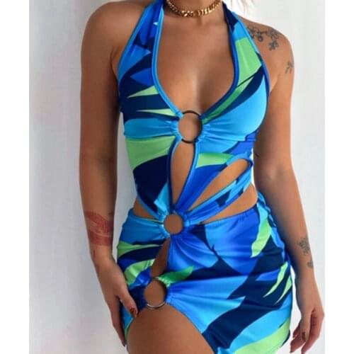 Womens Sexy Cut Out Short Mini Dress Halter Neck Hollow Out Ring Slim Fit Bodycon Dresses Y2K Club Party