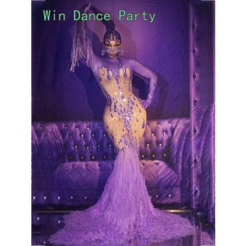 Sexy Purple Evening Party Rhinestone Dress Women Birthday Celebration Mermaid Long Dress Banquet Trailing Dress Stage Outfits