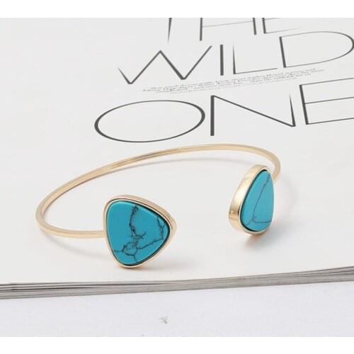 Light Yellow Gold Color Geometric Blue Turquoises Stone Open Bangle Rose Pink Quartz Fashion Jewelry