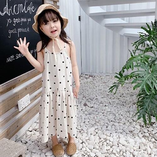 2020 brand new summer childrens wear, girls dress with suspenders, girls dress with bobbin dots, long dress with suspenders