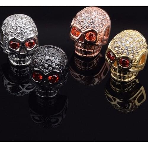 Wholesale Fashion Punk DIY Mulit-color Zircon Pave Horizontal Drilled Crystal CZ Skull For Make Bracelet Connector Charm Beads