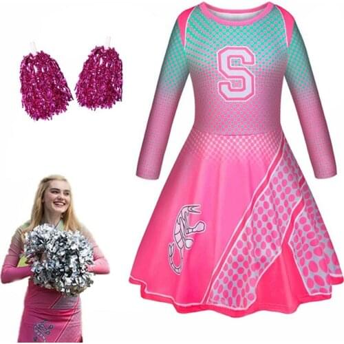 Kids Fashion Zombies 2 Addison Cosplay Halloween Costumes for Girls Cheerleader Princess Dress with Flower Ball Party Clothing