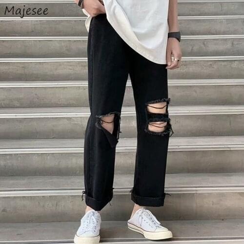 Men Ankle-length Jeans Holes Solid Retro Streetwear All-match Teen Straight Trendy Loose Leisure Harajuku High Street Chic S-3XL