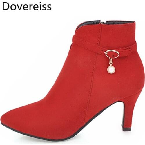 Dovereiss Fashion Womens Shoes Winter Sexy Zipper Pure color red Elegant sexy Pointed toe Concise Stilettos heels Mature 47 48