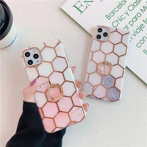 Botex Double-sided plating Rhombus marble holder stand phone case for iPhone 12 11 Pro max case XS MAX 7 8 plus SE2 12mini X XR