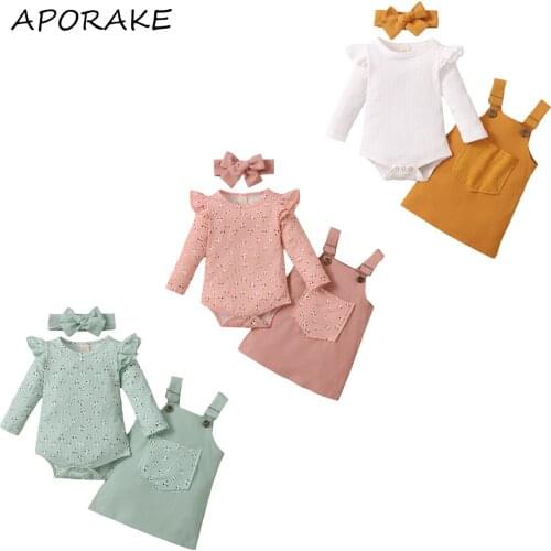 2021 0-18M Baby Girl Clothes Set Ruffle Shoulder Solid/Floral Print Long Sleeve Romper+Pocket Overalls Suspender Skirt Fall 3pcs