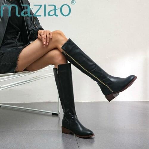 Leather Woman Motorcycle Booties Belt Strap Metal Shark heel Knee High Boots Thigh High boots High heels Botines Mujer MAZIAO