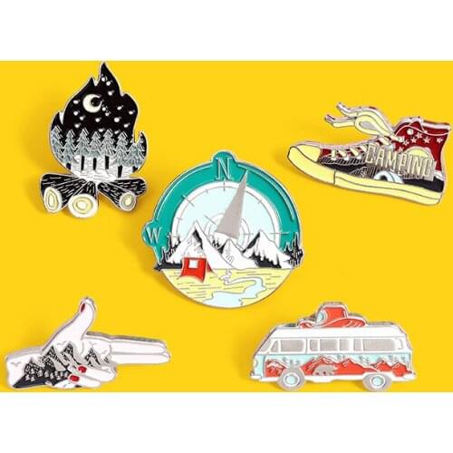 Travel Set Outdoor adventure firewood backpack Enamel Brooch Mountain river bus gesture shoes Badges Jewelry Gifts for Traveler