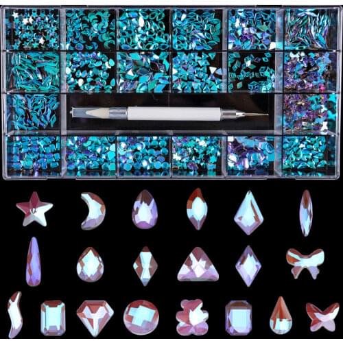 Nail Art Rhinestones Kit Acrylic Boxed 21 Grids Mixed Size parts Set 1pc Pick Up Pen Large Crystal Decorations 3D AB Flat Gem
