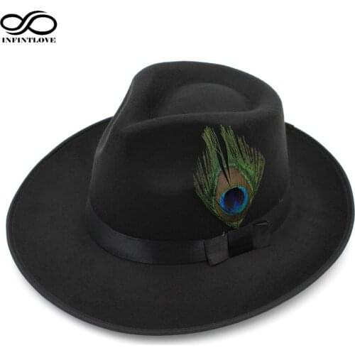 LUCKYLIANJI Men Women Classic Wool Felt Jazz Panama Hat Teardrop Top Wide Brim Peacock Feather Band Bowler (One Size:7 1/4-58cm)