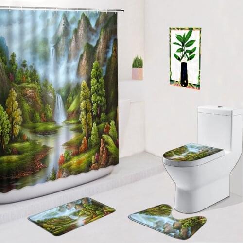 Scenery Waterfall 4Pcs Bathroom Set Shower Curtain Non slip Mats Carpet Toilet Seat Cover With Hook Mountain Water Bath Curtains