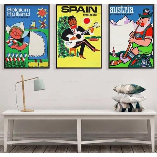 Austria Spain Belgium Holland Travel Poster and Print Pop Canvas Painting Wall Art Vintage Home Decor Picture for Living Room
