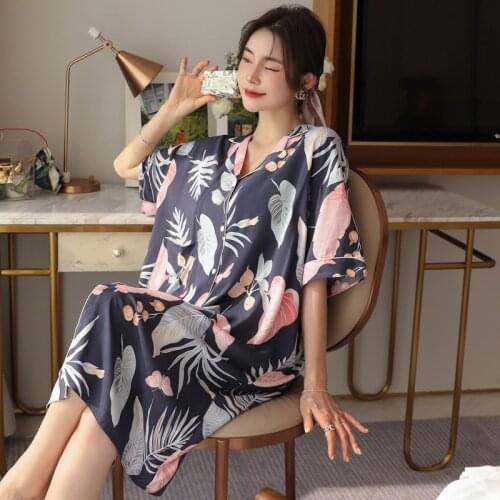 Plus Size Summer Print Flower Nightshirt Sleepwear Women Bathrobe Sleepshirt Home Lounge Nightwear Pocket Robes Casual Nightgown