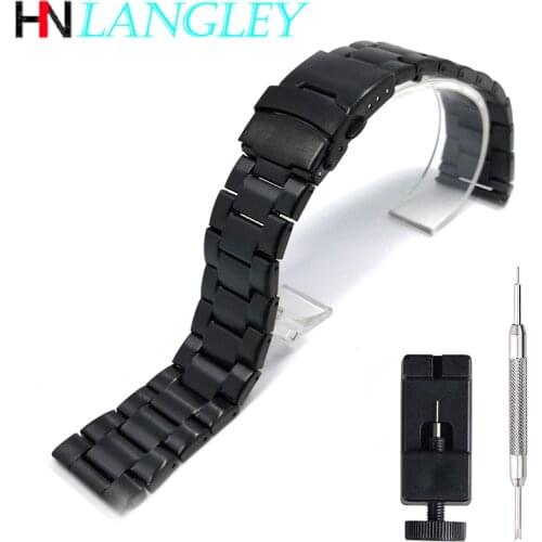 Stainless Steel Watch Band 20mm 22mm Black Silver Watch Strap Double Press Safety Buckle Metal Wristband