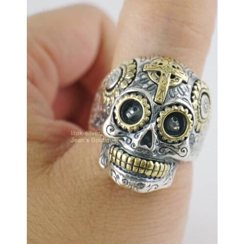 SUGAR SKULL CROSS ON FOREHEAD 925 STERLING SILVER BIKER ROCKER RING A3629