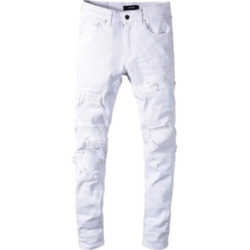 SEVEYFAN 2021 Mens White Skinny Biker Jeans Fashion Ripped Patchwork Denim Pants for Male