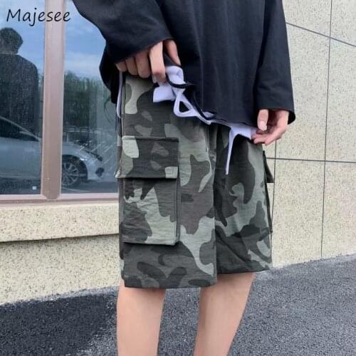 Men Board Shorts Summer Casual Camouflage Pockets Ins Trendy Straight Knee-length Bottoms Male Streetwear Holiday Chic Harajuku