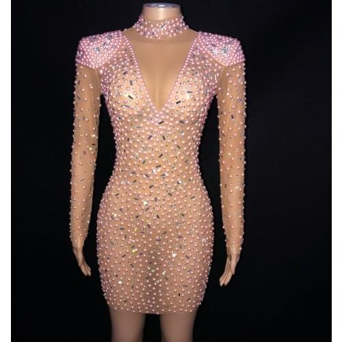 Stereoscopic Shoulder Pink Pearls Stones Mesh Dress Birthday Celebrate mini Dress Evening Show Female Singer Costume
