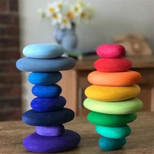 New Pebble Shape Solid Wood Jengle Building Blocks Childrens Room Decorations Creative Rainbow Stone Wooden Toys Gift