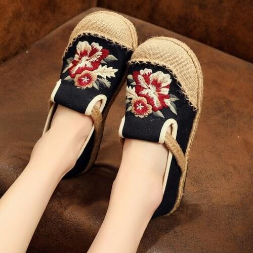 Women Canvas Shoes National Style Embroider Flower Flat Hemp Shallow Loafers Round Toe Casual Female Fashion Summer Platform