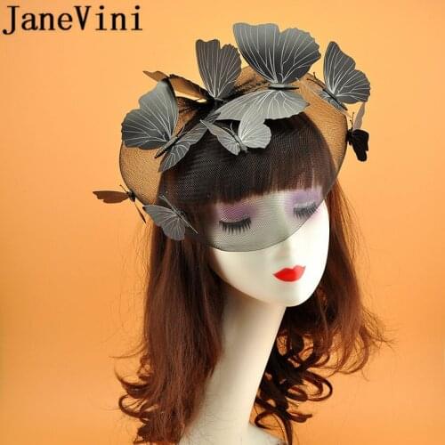 JaneVini Butterfly Decoration Bridal Hairband Face Veil Wedding Fascinators and Hats Black White Red Beige Bride Hat Hairwear