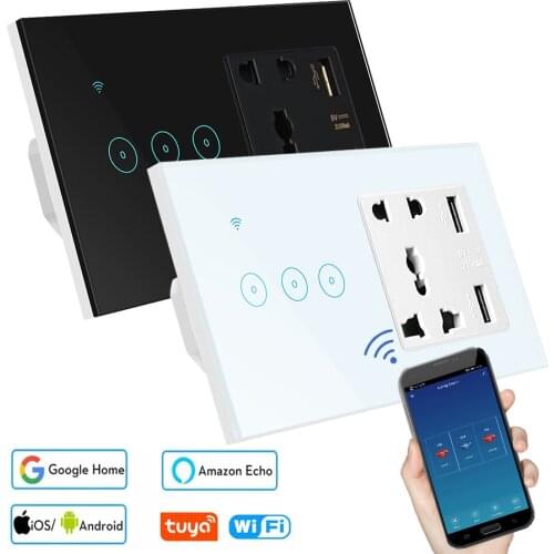 110V 220V Tuya WiFi Smart Light Switch EU Touch Switches with USB Universal Socket APP Control Compatible Alexa Google Home
