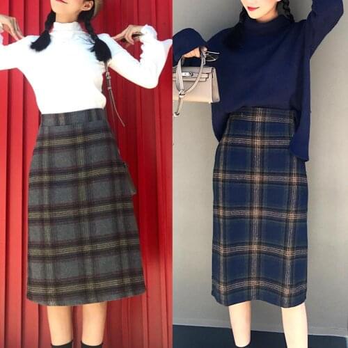 Plus Size Women Autumn Winter Vintage Plaid High Waist Warm Woolen A-line Skirt womens skirts Chiffon Elastic skirts faldas