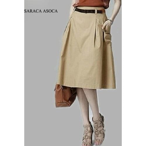 Fashion Style New Summer Casual A-line Pockets Skirt Khaki and Black Solid Midi Princess Button Women Skirts Wholesale